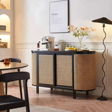 59" Rattan Dresser with Shelves and Doors - Black Japandi Style
